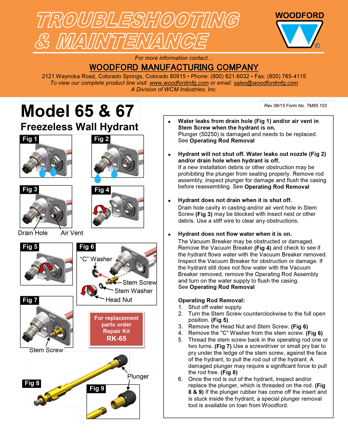 Woodford Model 65, B65, Modular & Round Box Hydrants